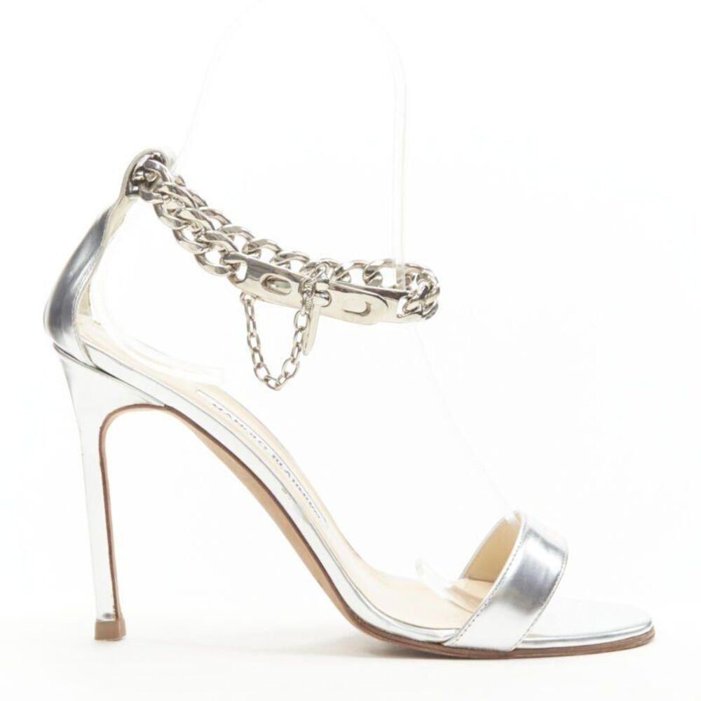 Manolo Blahnik silver chunky chain lock ankle strap sandal